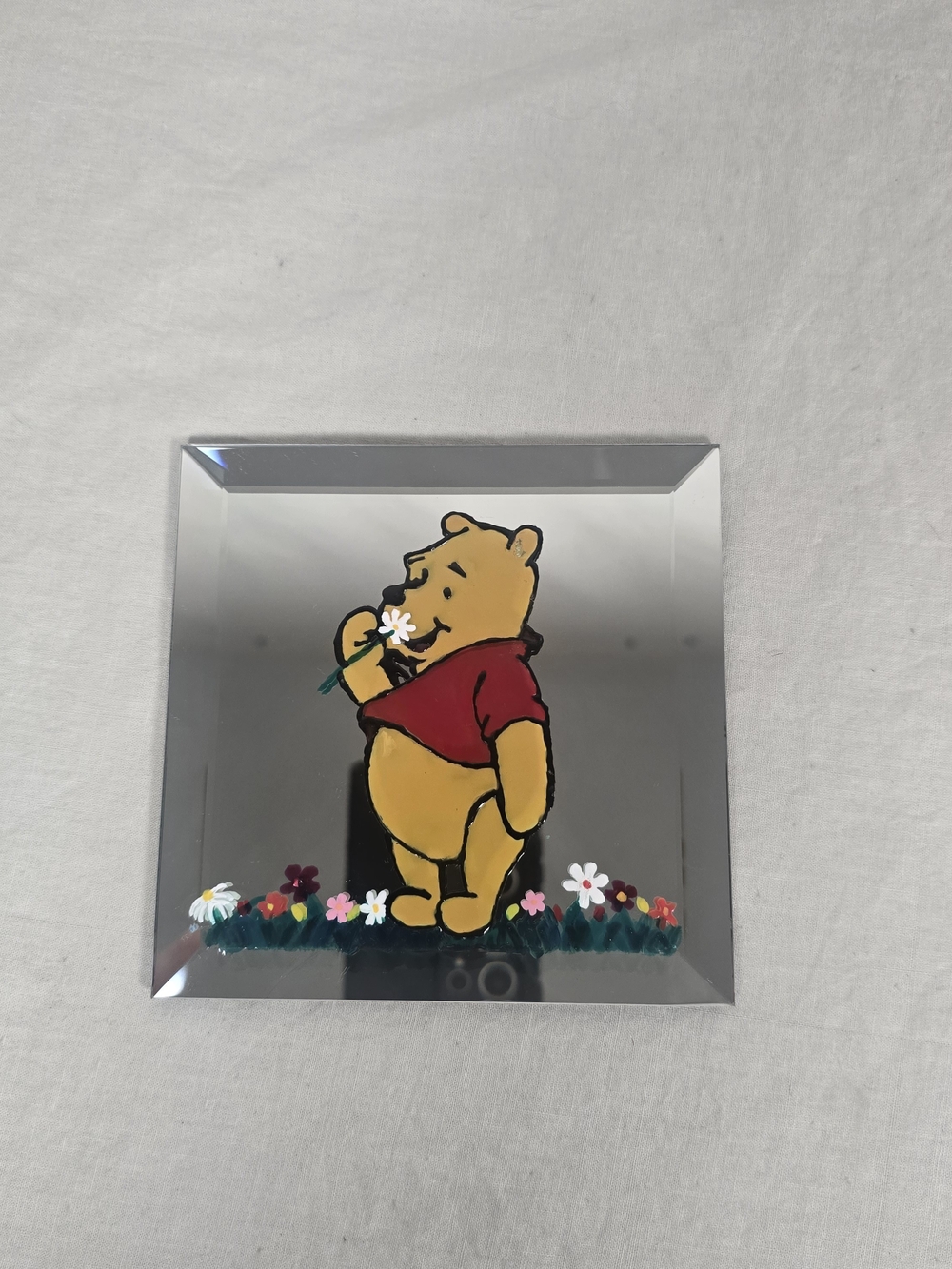 Winnie the Pooh Hand Painted Beveled Mirror Tile 5” Floral Vintage Decor